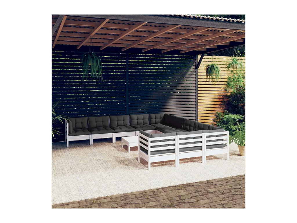 Salon de jardin 12 pièces avec coussins blanc bois de pin