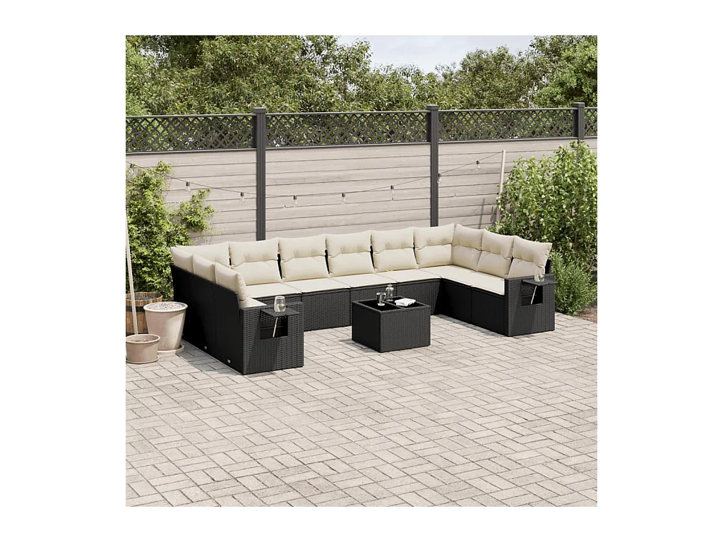 11 peças conjunto sofás de jardim c/ almofadões vime PE preto