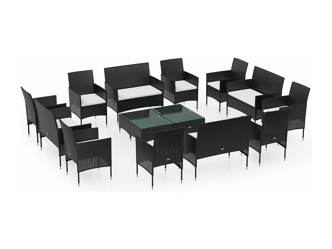 16 peças conjunto lounge de jardim c/ almofadões vime PE preto