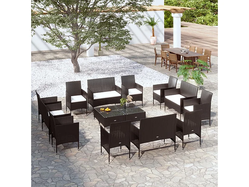 16-delige Loungeset met kussens poly rattan zwart