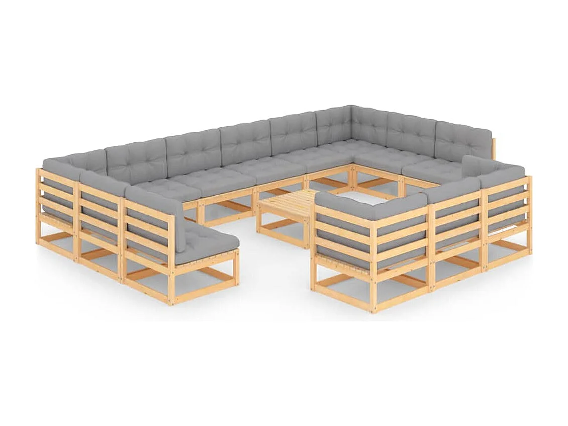 Muebles de jardín 14 piezas con cojines de madera de pino maciza