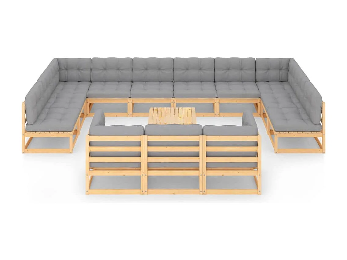 Muebles de jardín 14 piezas con cojines de madera de pino maciza