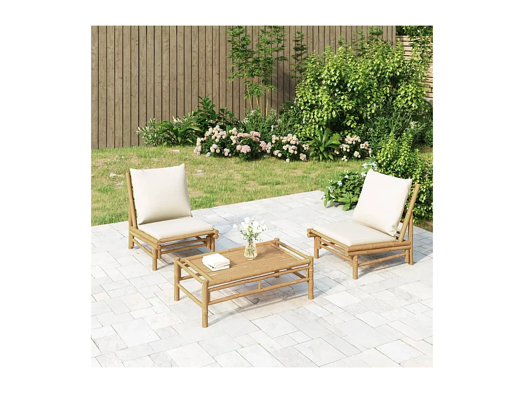 Set de muebles de jardín 3 piezas bambú y cojines blanco crema