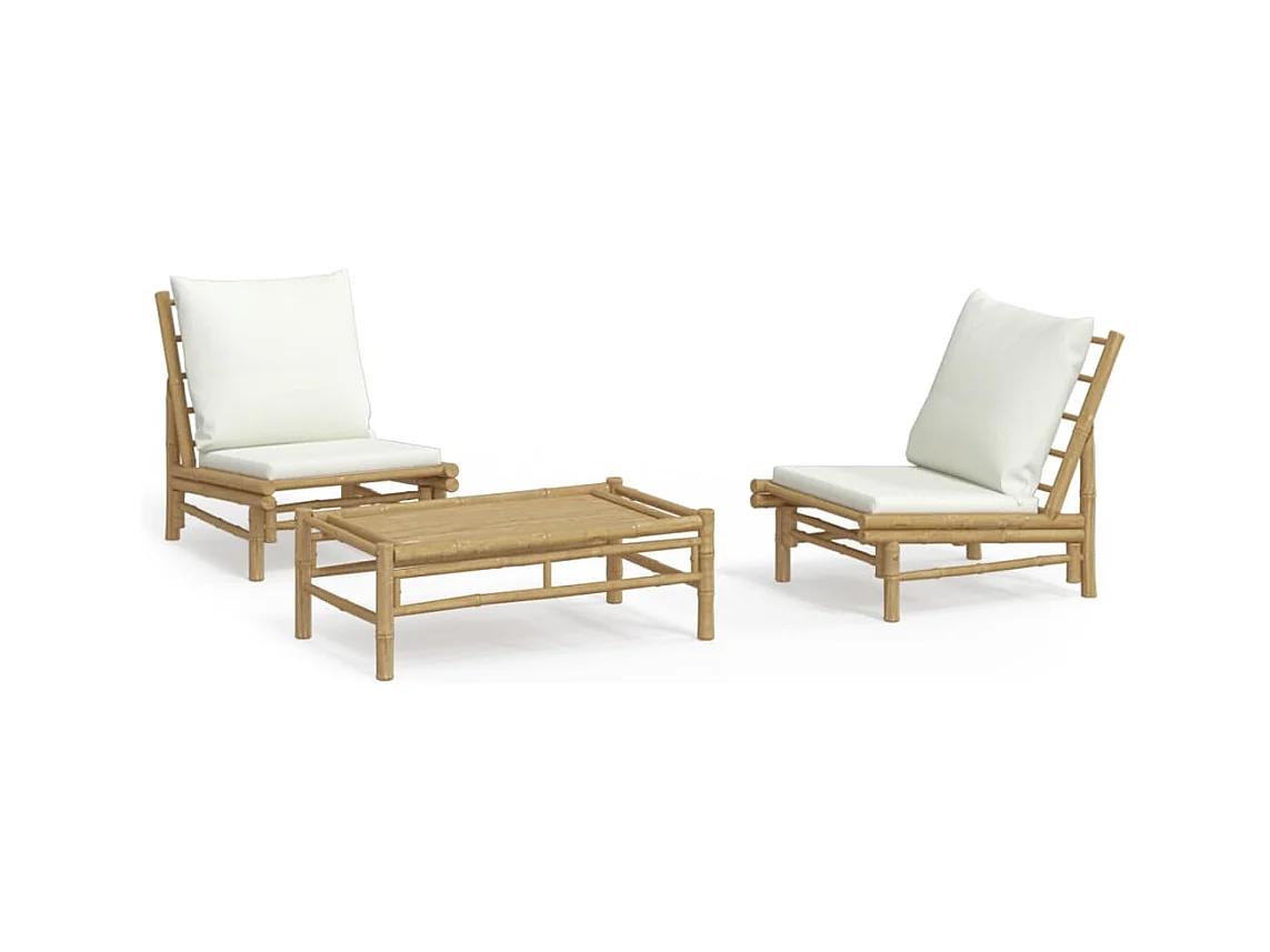 Set de muebles de jardín 3 piezas bambú y cojines blanco crema