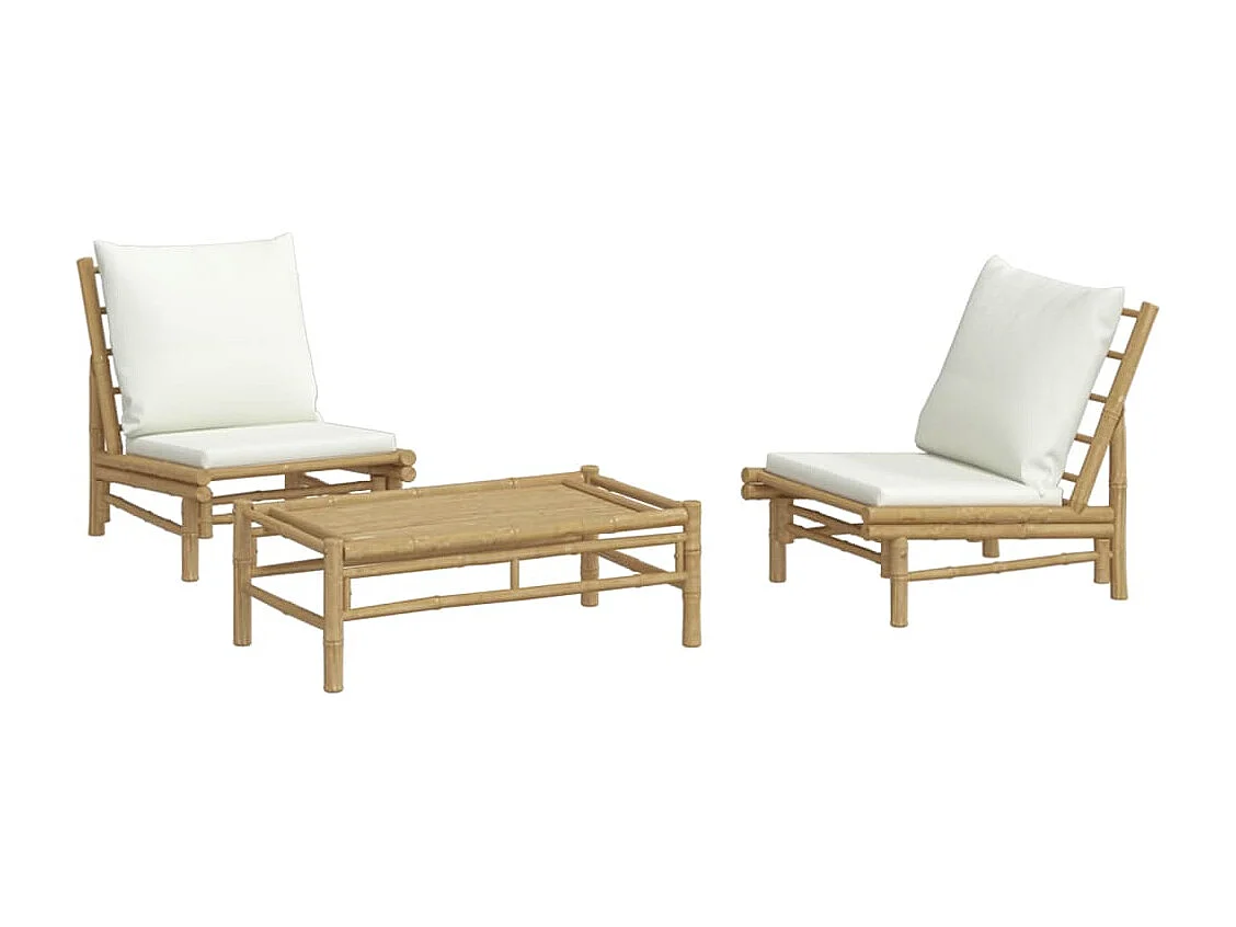 Set de muebles de jardín 3 piezas bambú y cojines blanco crema