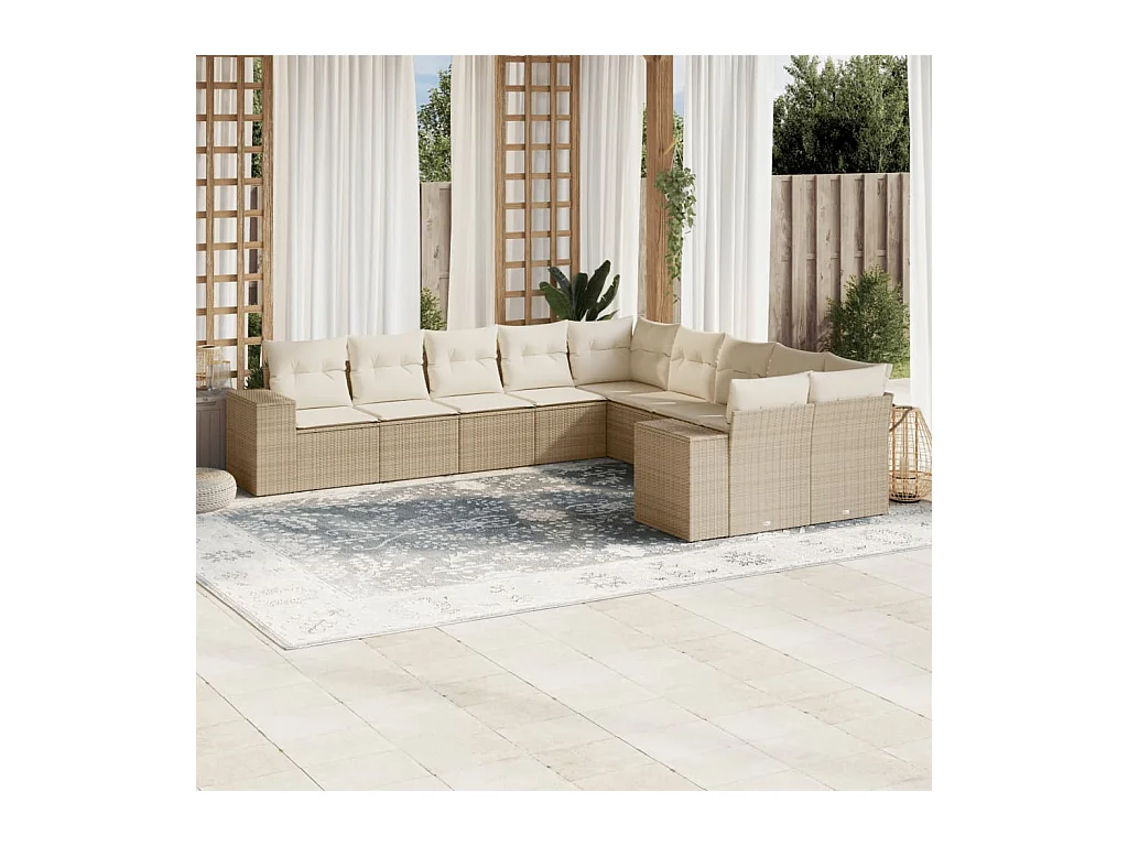 10 peças conjunto de sofás p/ jardim com almofadões vime PE bege