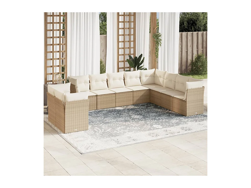 10-delige Loungeset met kussens poly rattan beige