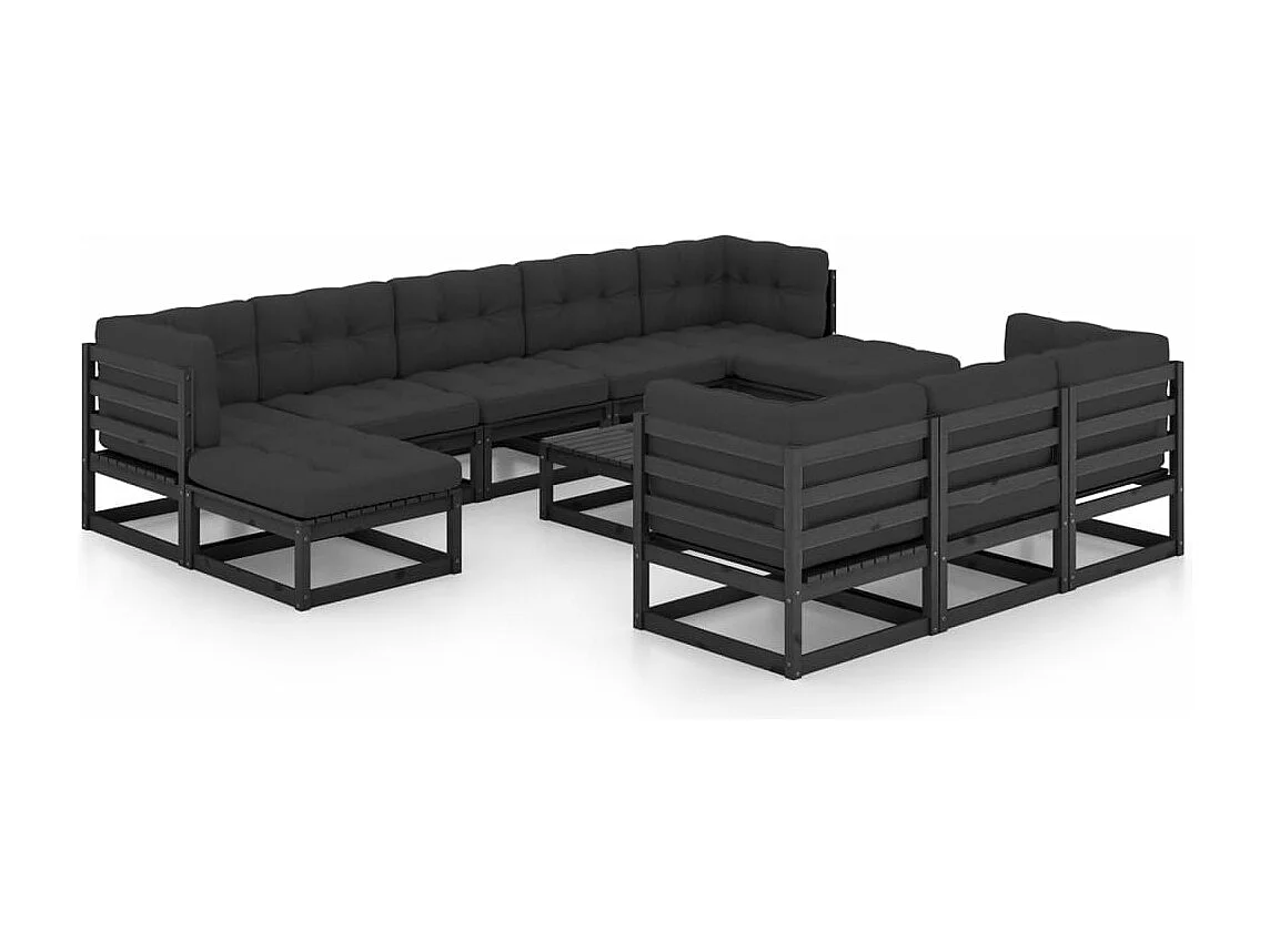 11 peças conj. lounge de jardim c/ almofadões pinho maciço preto