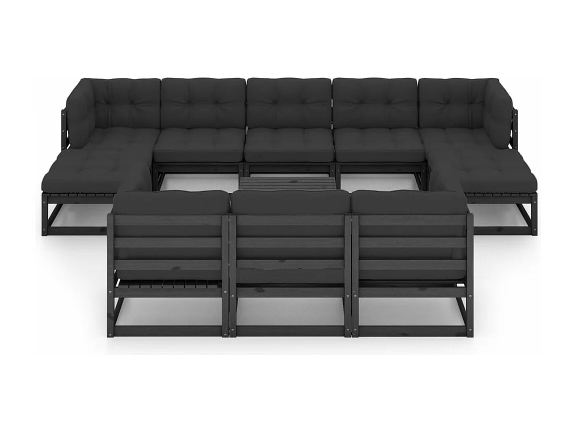 11 peças conj. lounge de jardim c/ almofadões pinho maciço preto