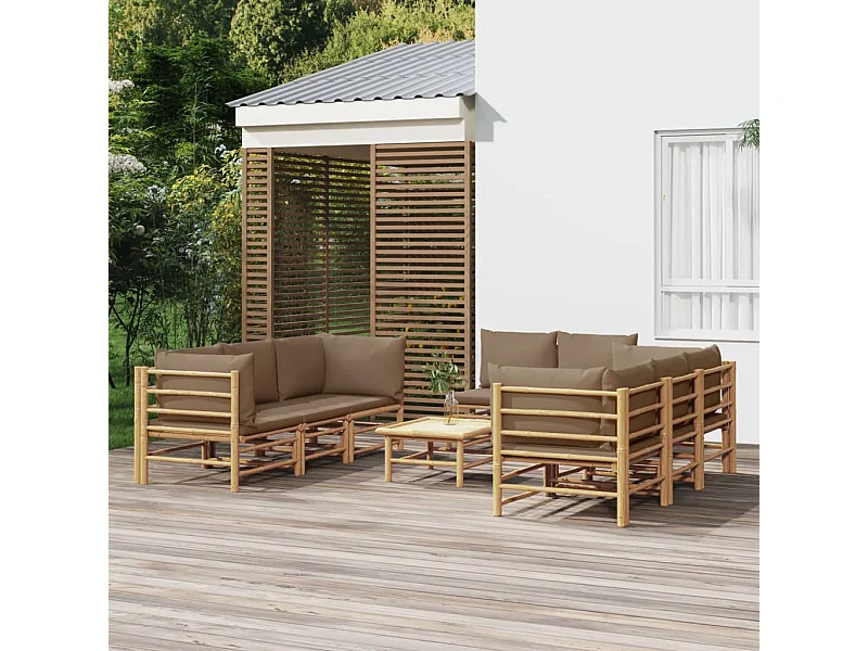 Set de muebles de jardín 9 piezas bambú y cojines gris taupé