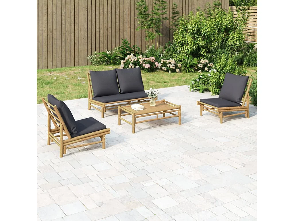 Set de muebles de jardín 4 piezas bambú con cojines gris oscuro