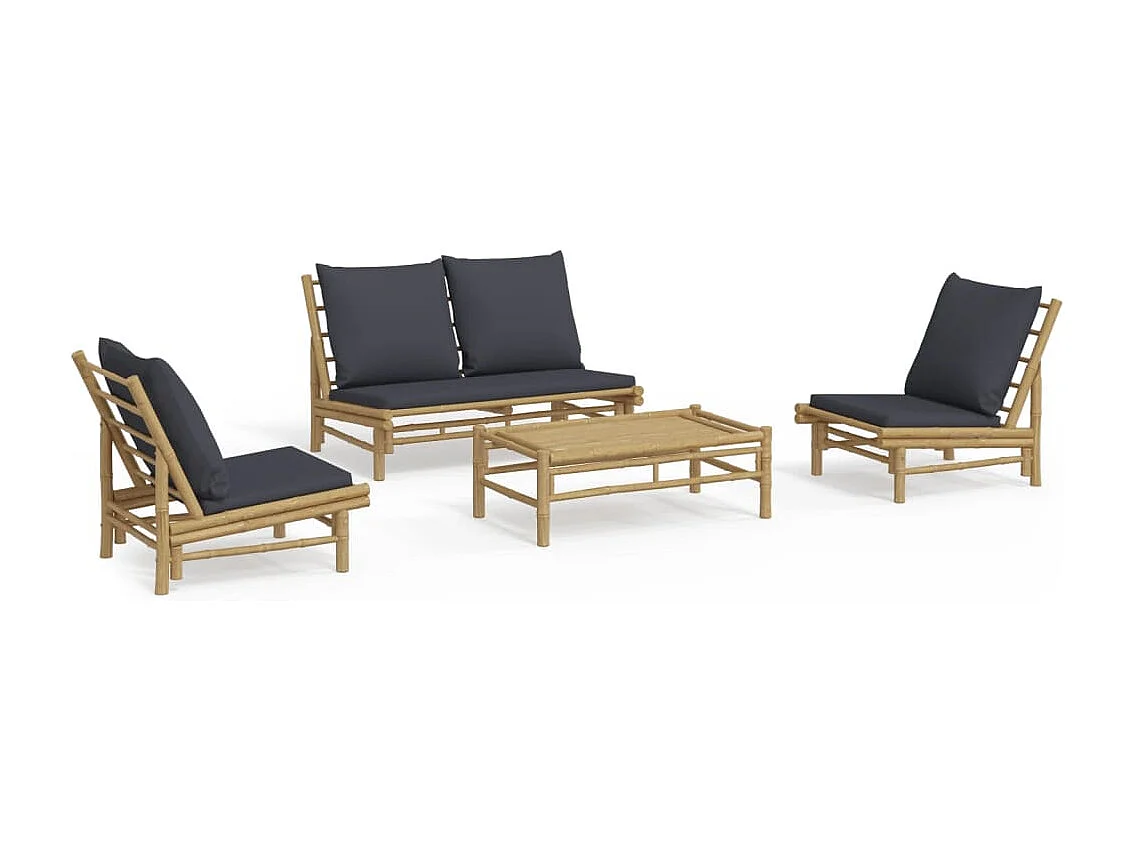 Set de muebles de jardín 4 piezas bambú con cojines gris oscuro