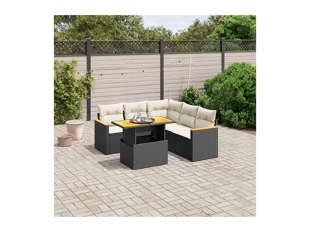 6-delige Loungeset met kussens poly rattan zwart