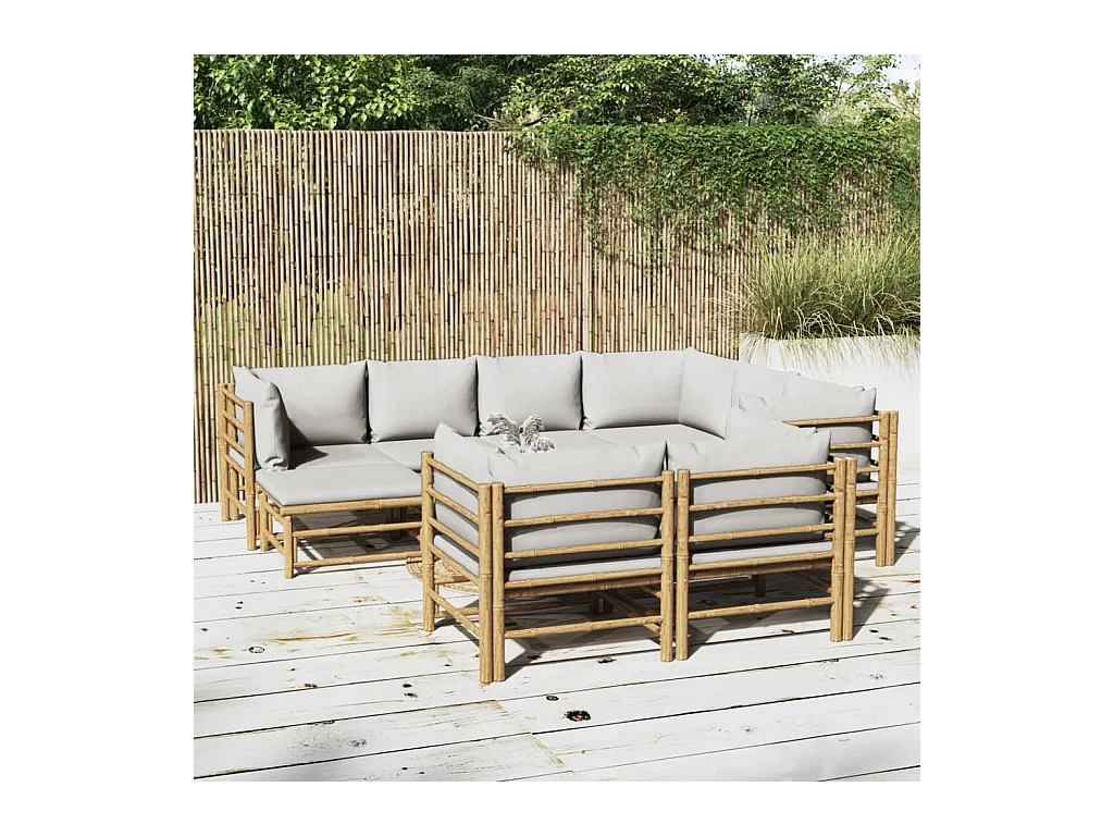 Salon de jardin 10 pièces avec coussins gris clair bambou
