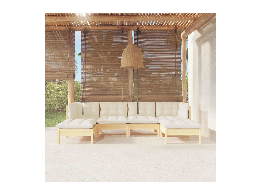 Salon de jardin 6 pièces avec coussins crème Bois de pin