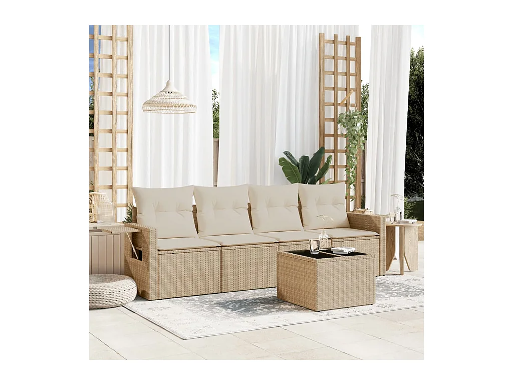 5-delige Loungeset met kussens poly rattan beige