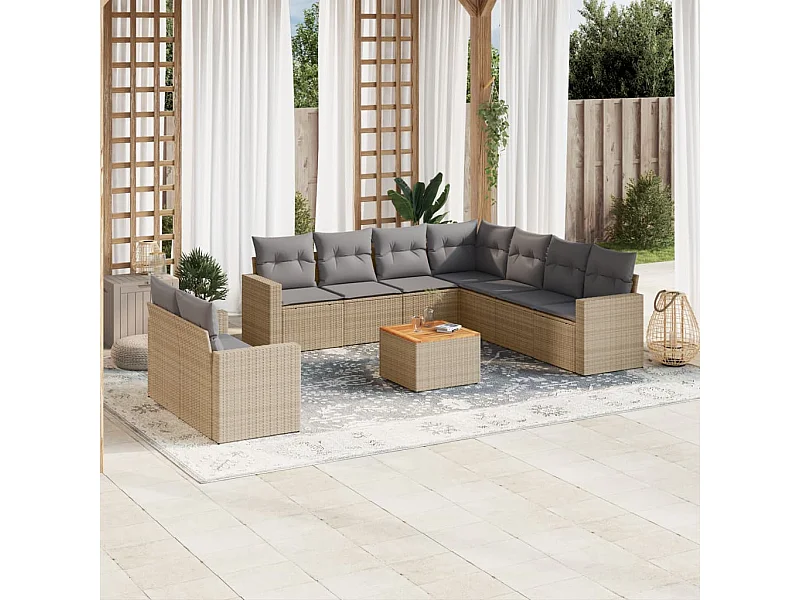 10-delige Loungeset met kussens poly rattan gemengd beige