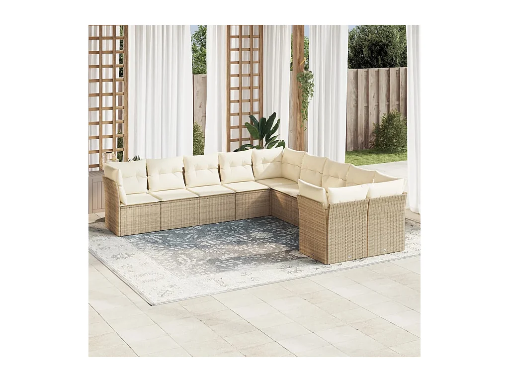 Salon de jardin avec coussins 10 pièces beige résine tressée