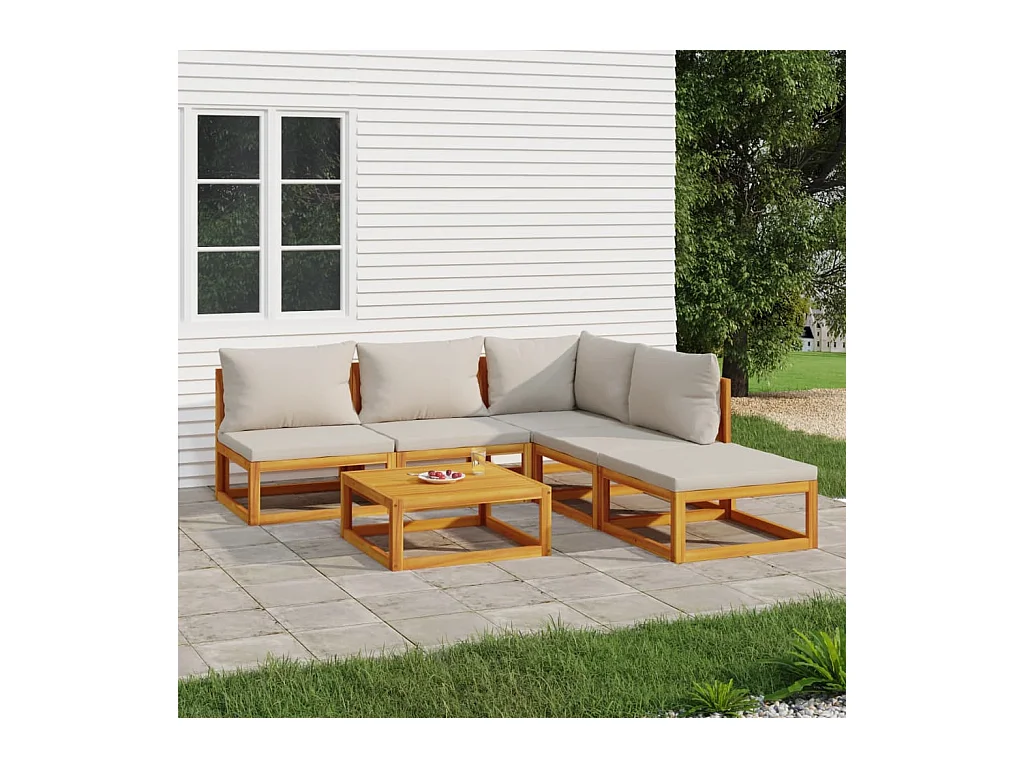 Salon de jardin 6 pièces avec coussins gris clair bois massif