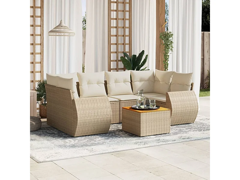 Salon de jardin avec coussins 7 pièces beige résine tressée