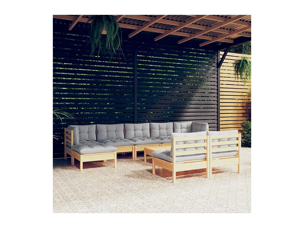 Juego de muebles de jardín 10 piezas y cojines madera pino gris