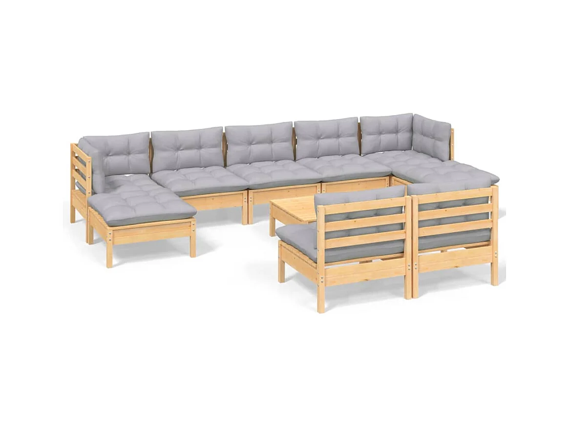 Juego de muebles de jardín 10 piezas y cojines madera pino gris