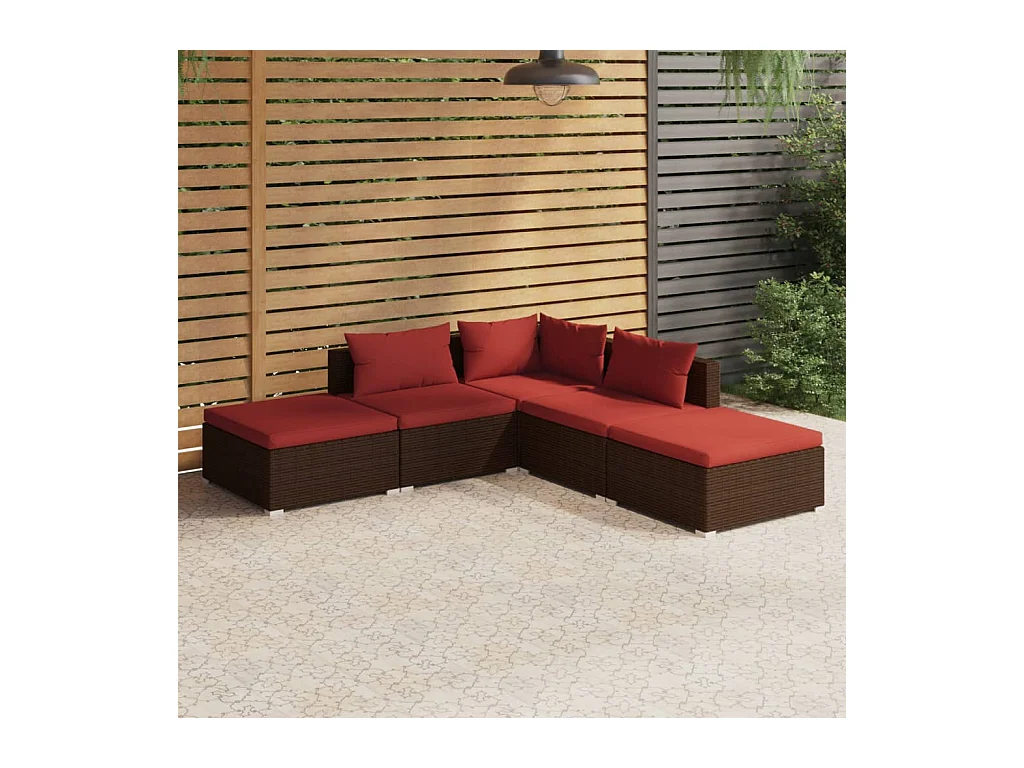 Salon de jardin 5 pièces avec coussins résine tressée marron