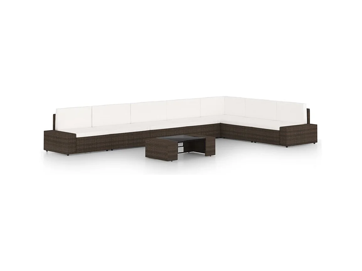 8 peças conjunto lounge p/ jardim c/ almofadões vime PE castanho