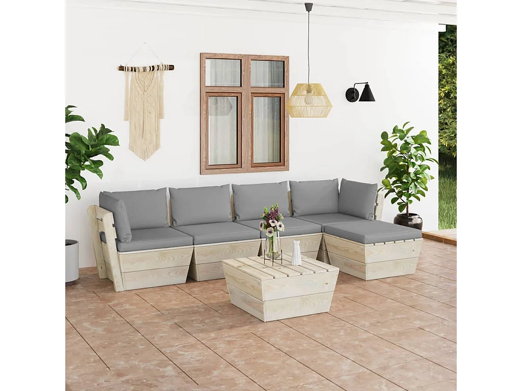 Muebles de jardín de palets 6 piezas y cojines madera de abeto