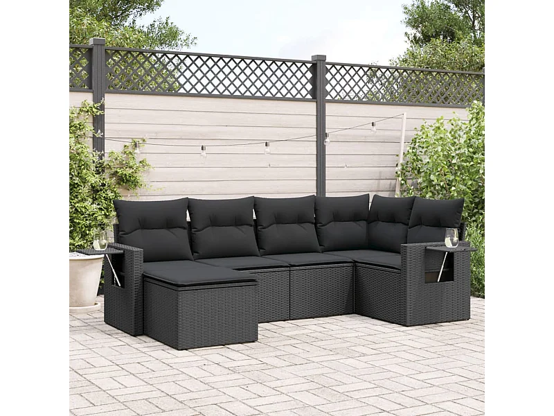 6 peças conjunto sofás de jardim c/ almofadões vime PE preto