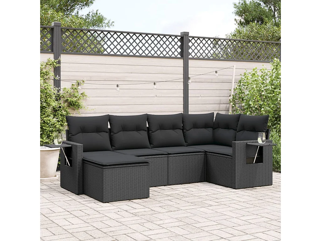 Salon de jardin 6 pièces avec coussins noir résine tressée