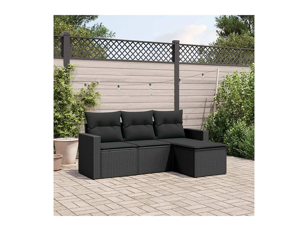4-delige Loungeset met kussens poly rattan zwart