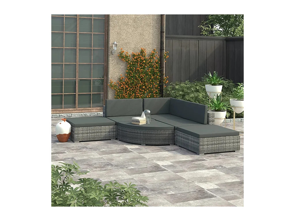 Salon de jardin 6 pièces avec coussins Résine tressée Gris