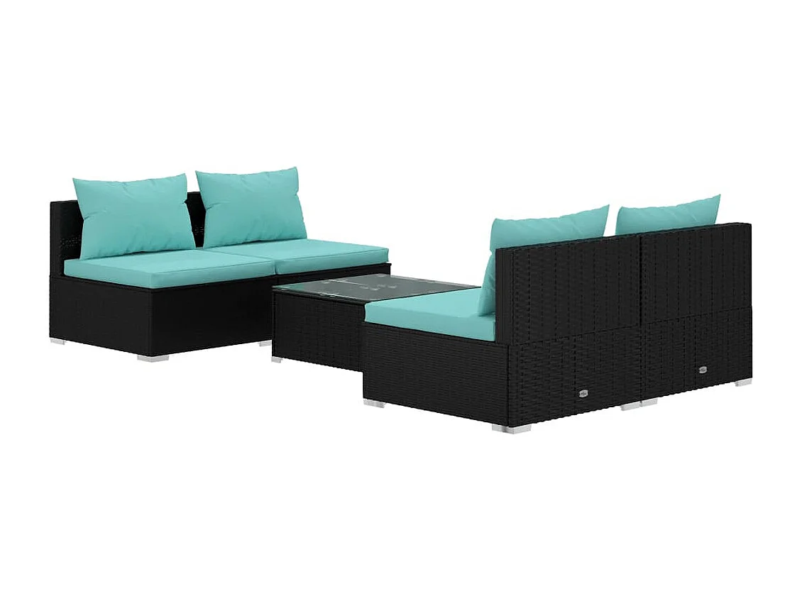 Set de sofás de jardín 5 piezas y cojines ratán sintético negro