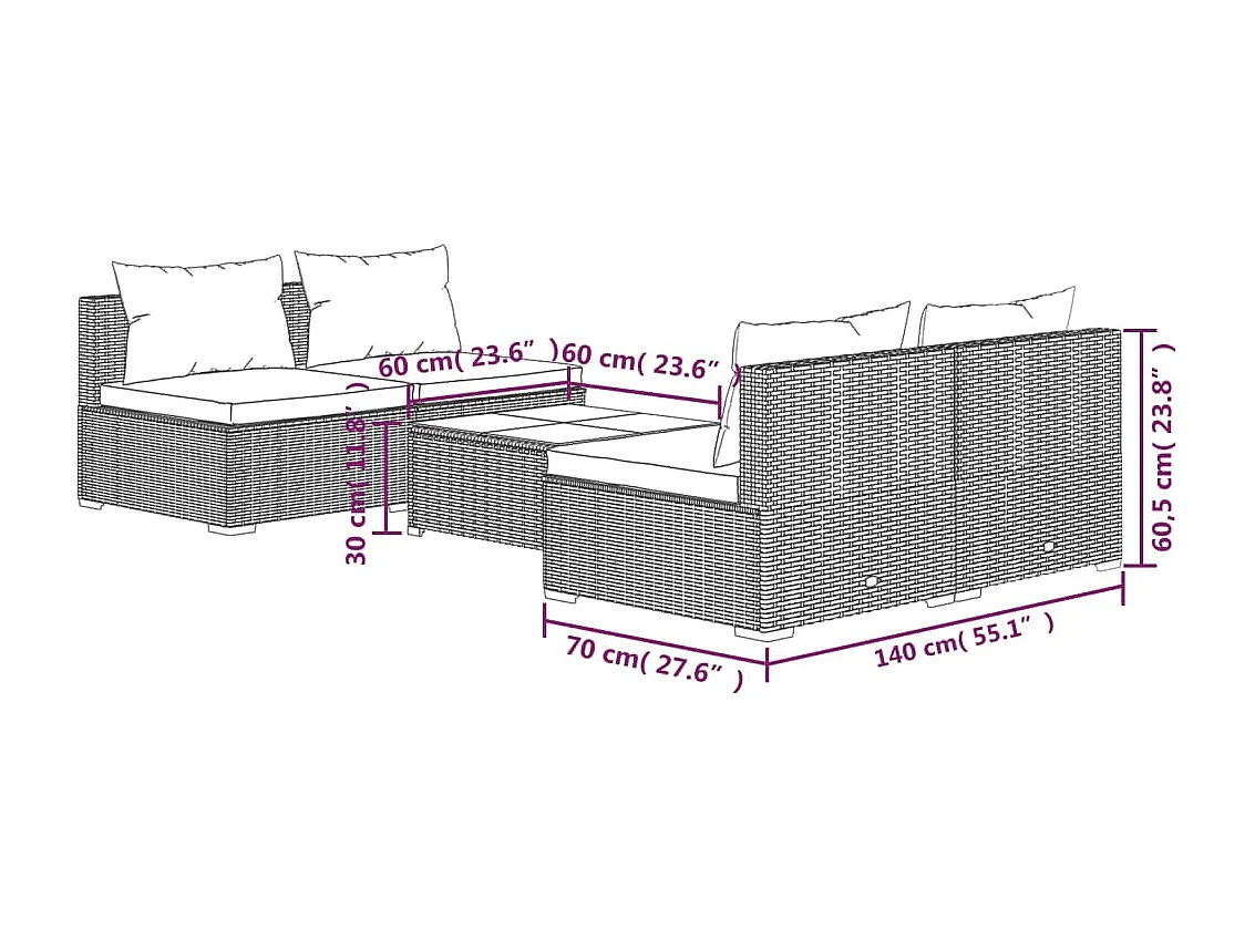Set de sofás de jardín 5 piezas y cojines ratán sintético negro