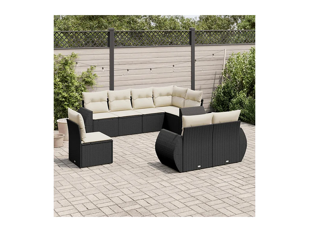 Salon de jardin 8 pièces avec coussins noir résine tressée