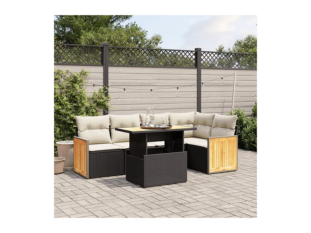 Salon de jardin 6 pièces avec coussins noir résine tressée