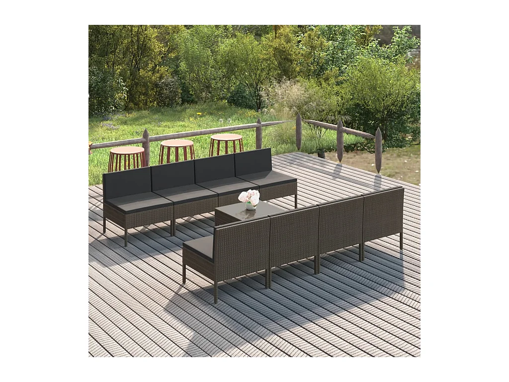 Salon de jardin 9 pièces avec coussins Résine tressée Gris