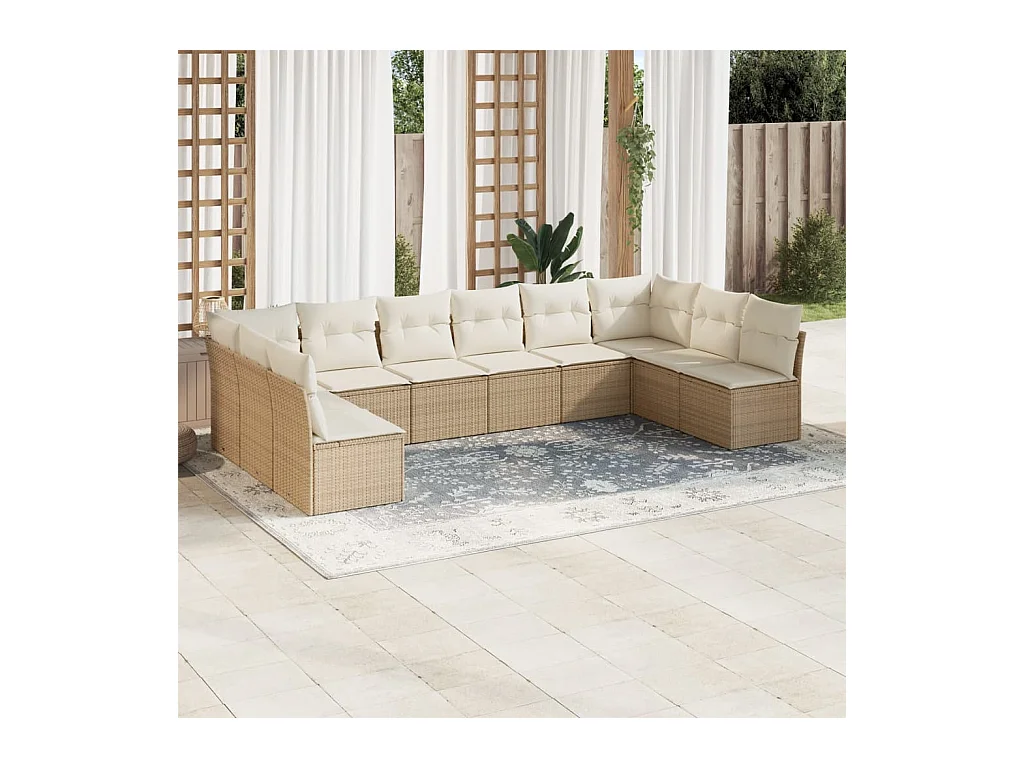 10-delige Loungeset met kussens poly rattan beige
