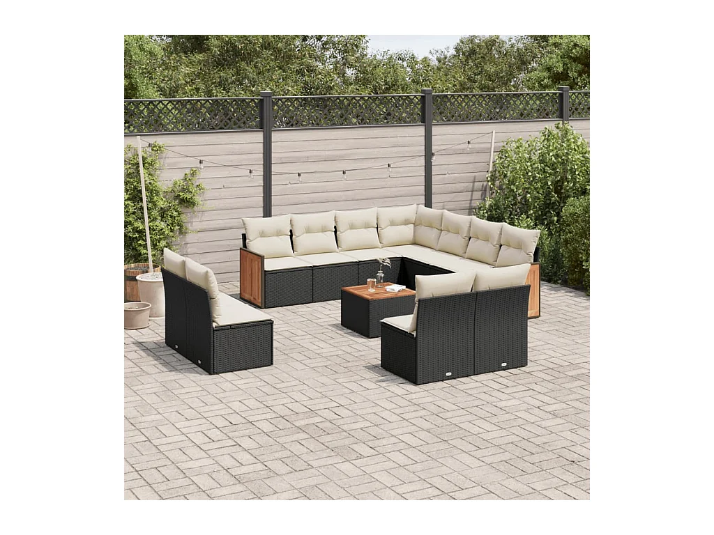Salon de jardin 12 pièces avec coussins noir résine tressée