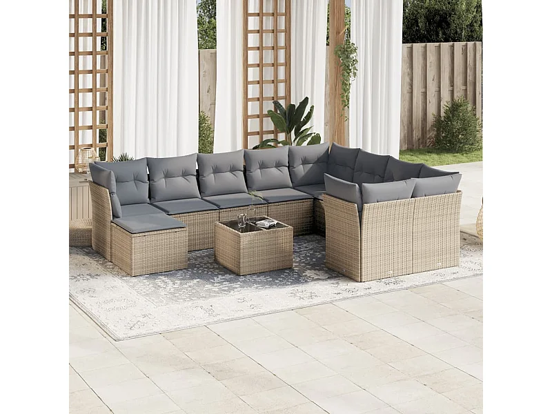 11-delige Tuinset met kussens poly rattan beige