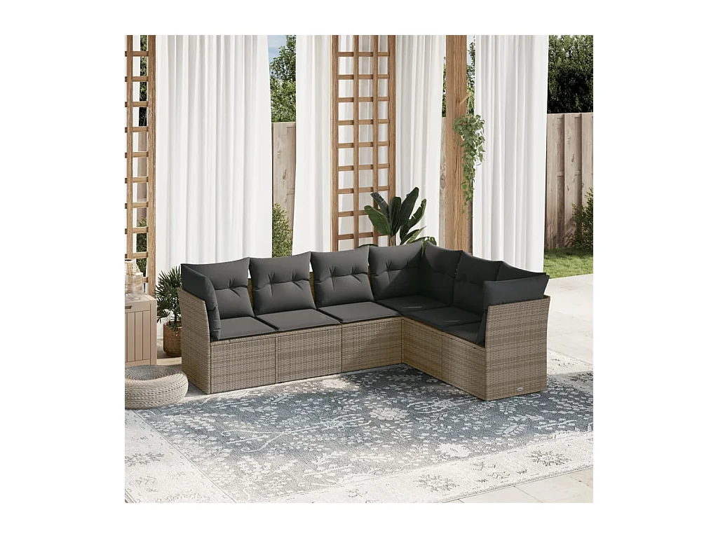 Salon de jardin 6 pièces avec coussins gris résine tressée