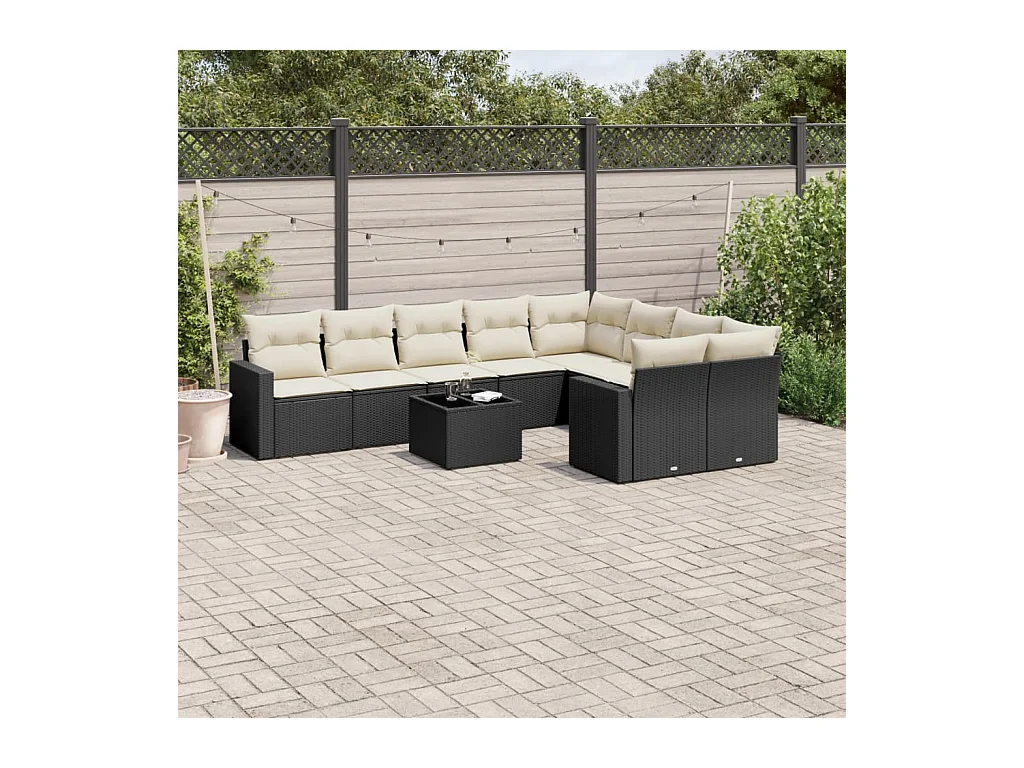 10-delige Loungeset met kussens poly rattan zwart