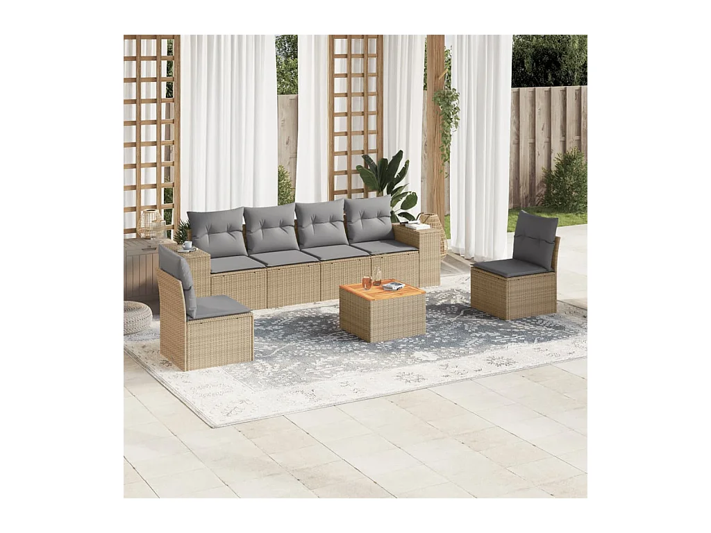 Salon de jardin avec coussins 7 pièces beige résine tressée
