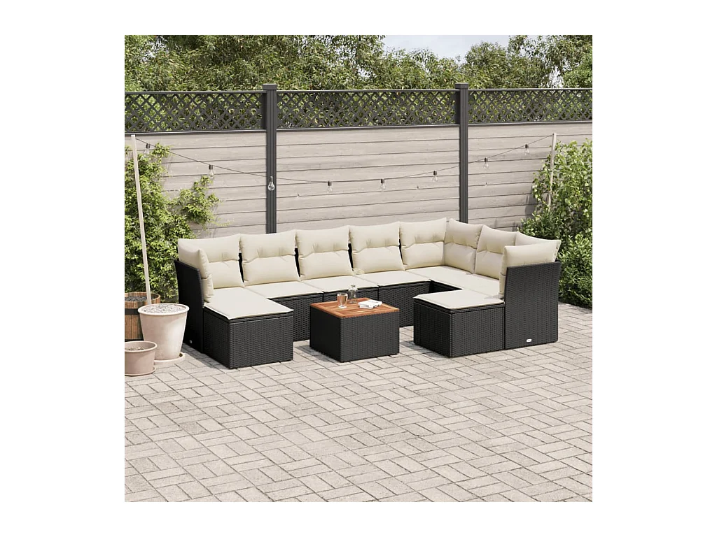 10-delige Loungeset met kussens poly rattan zwart