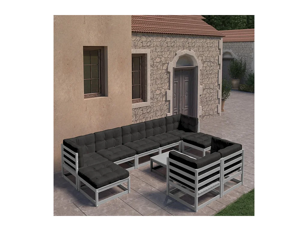 Set de muebles de jardín 10 piezas con cojines madera pino gris