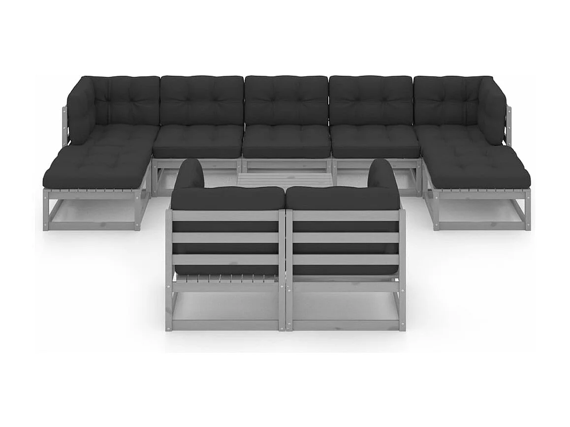 10-delige Loungeset met kussens massief grenenhout grijs