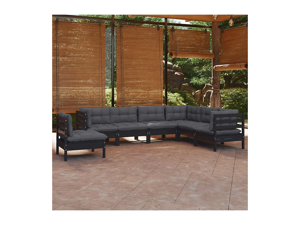 Salon de jardin 7 pièces avec coussins Noir Bois de pin solide