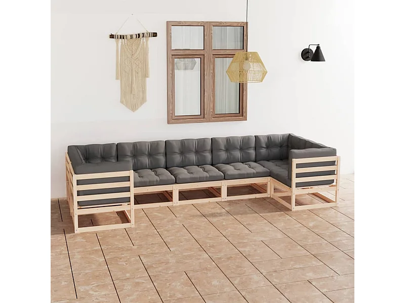 Juego de muebles de jardín 7 piezas y cojines madera pino maciza