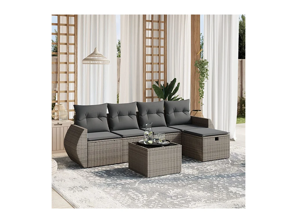 6-delige Loungeset met kussens poly rattan grijs